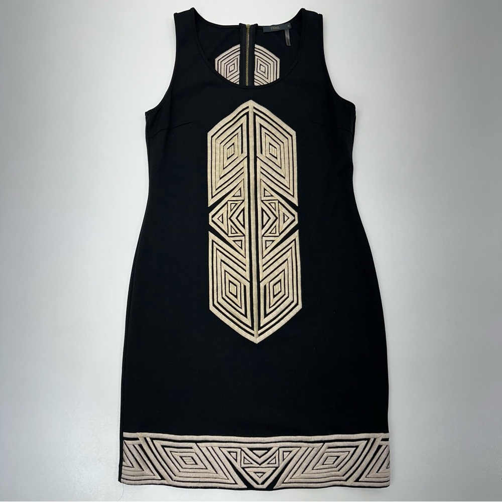 THML Embroidered Aztec Sleeveless Sheath Dress Womens Size Medium Black Tan